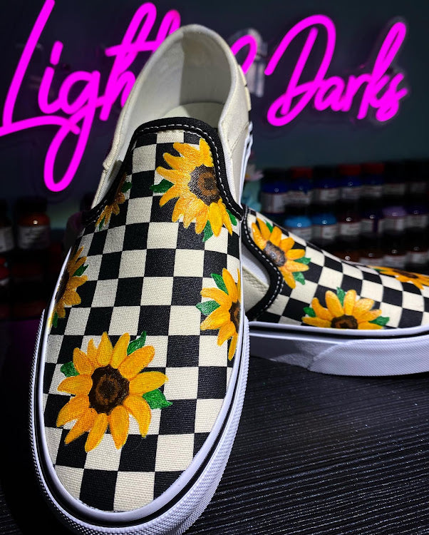 Checkered sunflower vans outlet slip ons